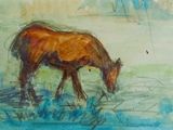 a drawing of a horse grazing in a field