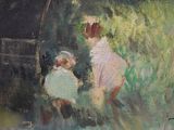 a painting of two children playing in the grass