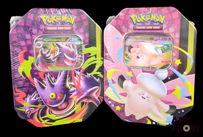 two pokemon tins with different designs on them on a black background
