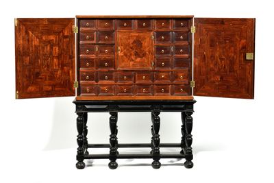 an old wooden cabinet with two doors open on a white background