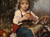 un tableau représentant une jeune fille tenant une pomme