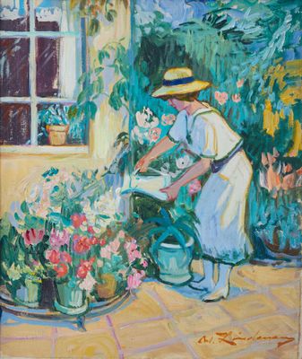 une peinture à l'huile représentant une femme en train d'arroser des fleurs dans un jardin