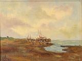 une peinture à l'huile représentant un bateau sur une plage près d'un plan d'eau
