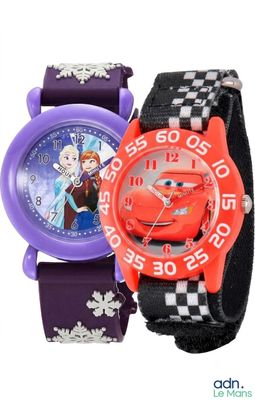 two children ' s disney cars watch with purple and purple straps