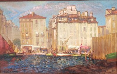 painting of a painting of boats in a harbor with buildings in the background