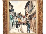 une peinture à l'huile représentant une scène de rue avec des personnes marchant dans la rue