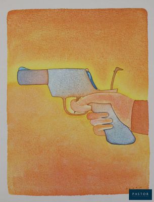 tableau représentant une main tenant un pistolet sur fond jaune