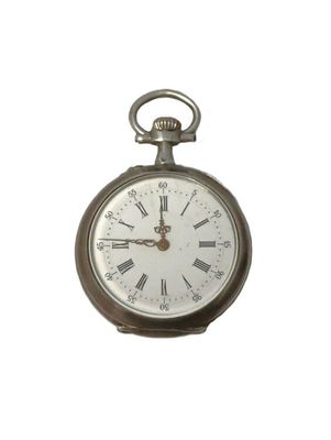 a silver pocket watch with roman numerals on the face