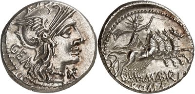 a silver coin with an image of a woman and a man on it