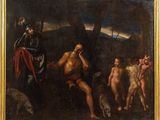 an image of a painting of a man sitting in a forest with other men