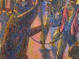 a painting of a group of people walking with a bear