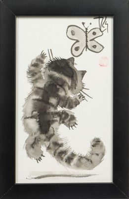 peinture représentant un chat et un papillon sur fond blanc