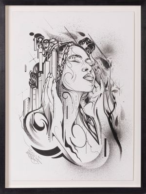 a black and white drawing of a woman holding a guitar
