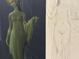 deux dessins représentant une femme en robe verte et une femme en robe verte