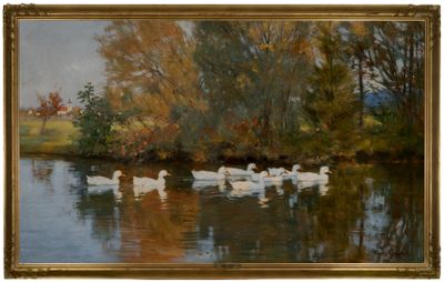 un tableau représentant un groupe de canards nageant dans l'eau