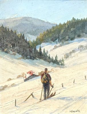 a painting of a man on skis in the snow