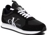 a black and white sneakers with a logo on the side