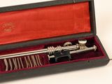 a silver trumpet in a red case on a white surface