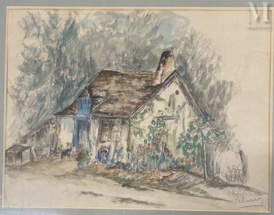 drawing of a house with a chimney and a garden in front of it