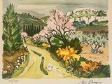 une aquarelle représentant une route de campagne bordée d'arbres et de fleurs