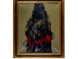tableau représentant un homme assis sur une chaise, avec un chien sur les genoux