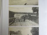 several old black and white photos of horses and carriages in front of a house
