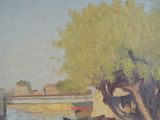 a painting of a woman sitting on a bench by the water