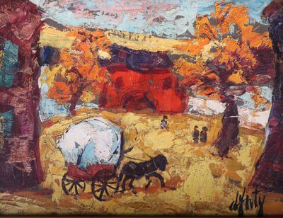 an oil painting of a horse drawn carriage in front of a red barn