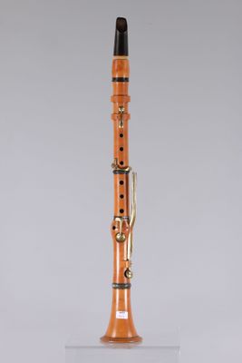 an orange and black clarinet on a clear stand