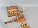 a small wooden box with a clock and a pair of scissors