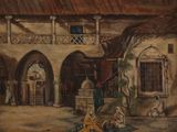 painting of a courtyard with people sitting on the ground and a building in the background