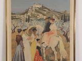 painting of a group of people riding horses in a field
