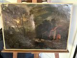 peinture sur chevalet représentant un paysage avec une maison en arrière-plan