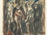 une image représentant un dessin d'un groupe de personnes debout devant un bâtiment