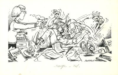 dessin représentant un groupe de personnes assises autour d'une table sur laquelle se trouvent des papiers