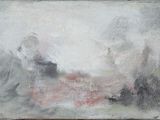 an image of a painting of a white and red cloud in a gray sky