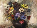une peinture à l'huile représentant un vase de fleurs sur une table