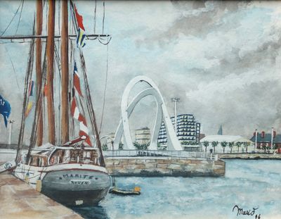 a painting of a sailboat in a harbor with a bridge in the background