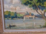 a painting of a boat on the water with a building in the background