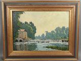 an oil painting of a river scene with a bridge over a river