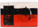 peinture représentant une œuvre abstraite rouge et noire sur fond noir et blanc