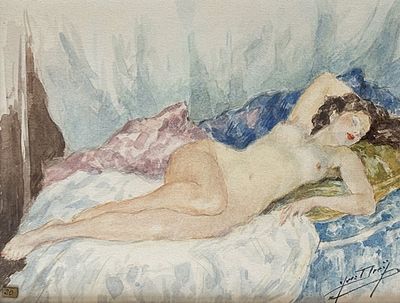 a painting of a nude woman laying on a bed