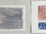 three paintings of different colors and shapes are hanging on a wall