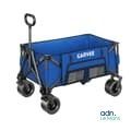 a close up of a blue wagon with wheels on a white background