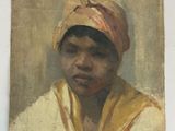 une peinture à l'huile représentant une femme portant un foulard jaune et un chapeau rose