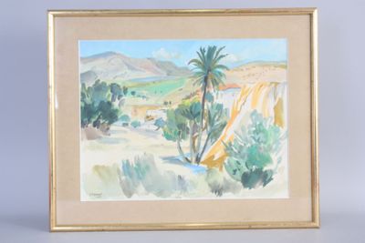 une peinture à l'huile représentant un paysage désertique avec des palmiers et des montagnes en arrière-plan
