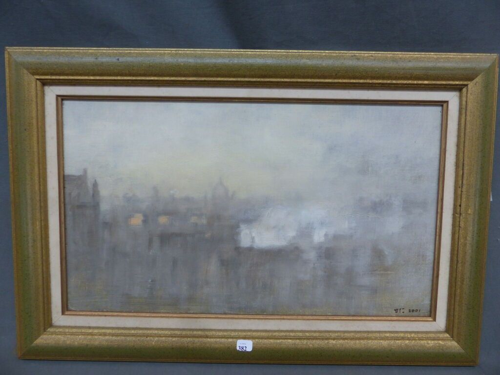 HWANG LIH-REN (né en 1963 à Taiwan) Venise Huile sur toile marouflée signée en bas à droite et datée 2001. 26 x 45 cm
