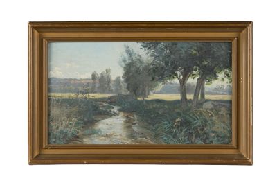 an image of a painting of a river and trees in a field