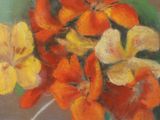 a painting of flowers in a glass vase on a table