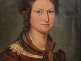 portrait of a woman in a brown dress with a green scarf
